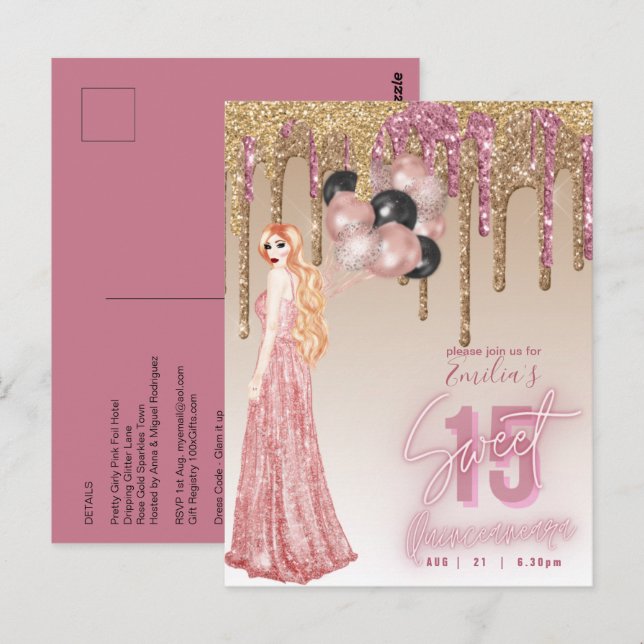 Postal Purpurina de oro rosa Quinceanera Chica de pelo ro (Anverso / Reverso)