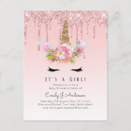 Postal Purpurina de Oro Rosa Unicorn Baby Shower