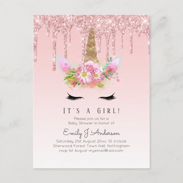 Postal Purpurina de Oro Rosa Unicorn Baby Shower (Anverso)