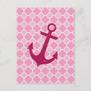 Postal Purpurina de patrón de quatrefoil rosa Anclaje de