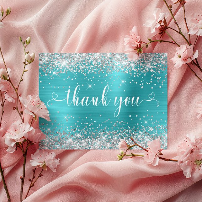 Postal Purpurina de plata Aqua Blue Sweet 16 Hearts Graci (Silver Glitter Aqua Blue Sweet 16 Hearts Thank You Postcard)