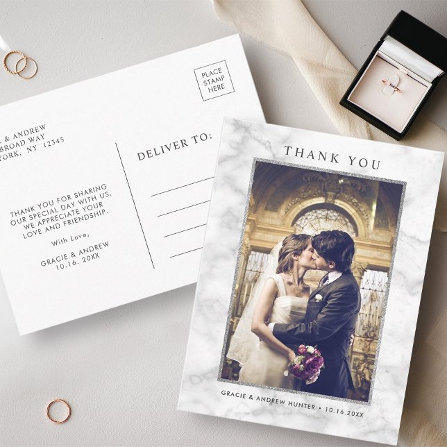 Postal Purpurina de plata de mármol blanco moderno gracia (Front & Back)