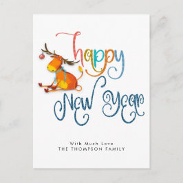 Postal Purpurina de renos lindo Feliz Año Nuevo