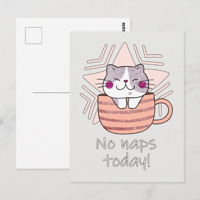 Postal Purpurina falso, gato lindo en café (Anverso / Reverso)