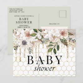 Postal Purpurina floral Drip Marble Baby Shower