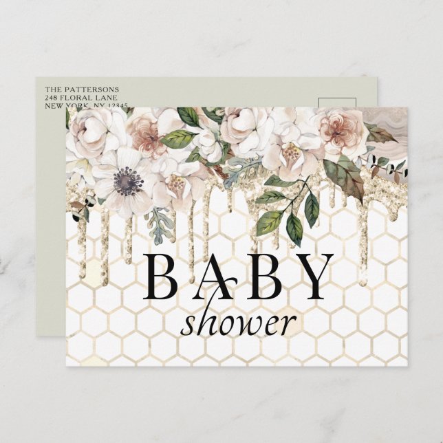 Postal Purpurina floral Drip Marble Baby Shower (Anverso / Reverso)