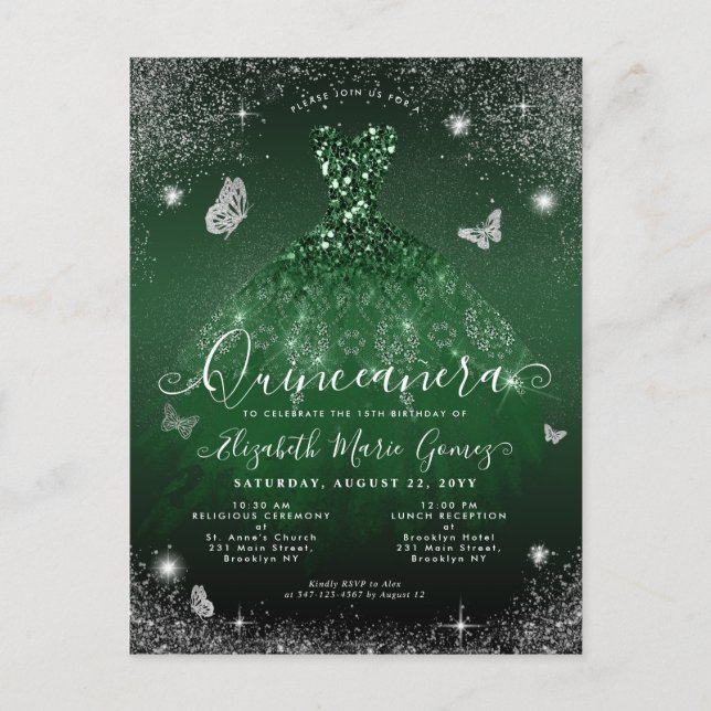 Postal Purpurina Glam Emerald Green Silver Gown Quinceane (Anverso)