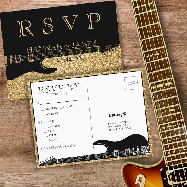 Postal Purpurina negro y oro de la boda de guitarra RSVP (Black & Gold Glitter Guitar Wedding RSVP Postcard)