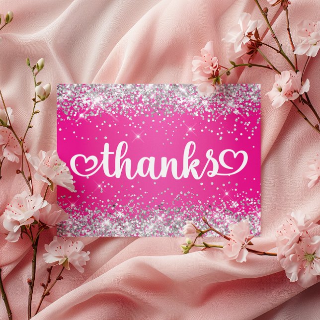 Postal Purpurina Plata Corazón Rosa Caliente Dulce 16 Gra (Silver Glitter Hot Pink Hearts Sweet 16 Thanks Postcard)