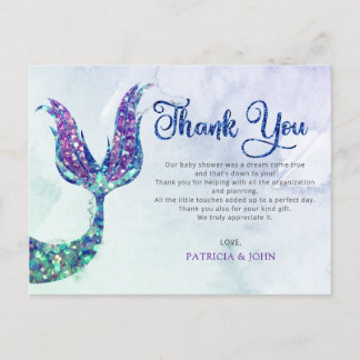 Postal Purpurina púrpura Mermaid Tail Baby Shower Gracias