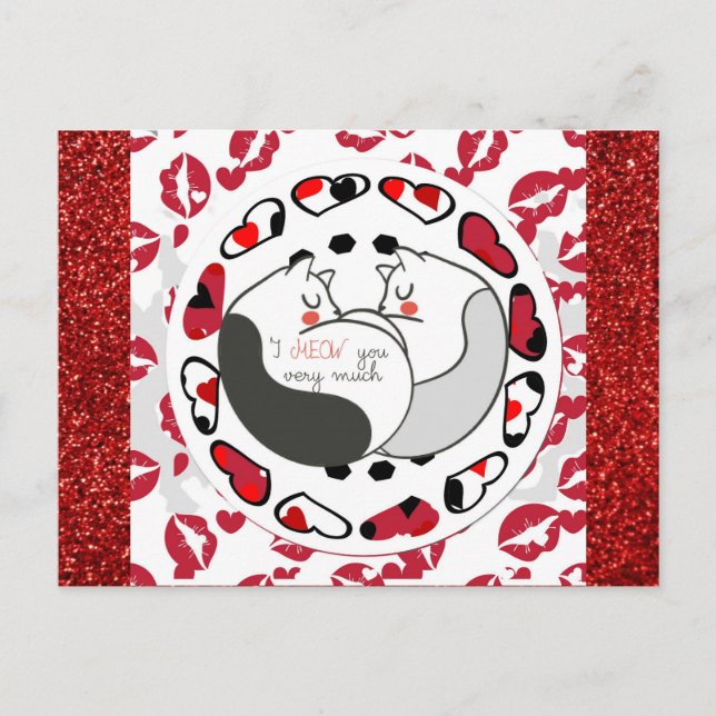 Postal Purpurina rojo de amor al gato Personalizado lindo (Anverso)