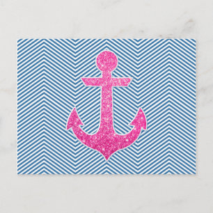 Postal Purpurina rosa ancla chevron azul