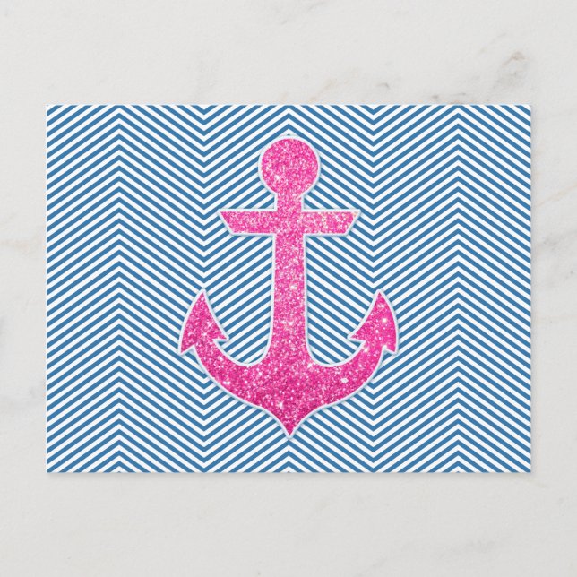 Postal Purpurina rosa ancla chevron azul (Anverso)