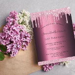 Postal Purpurina rosa de Borgoña gotea el cumpleaños<br><div class="desc">Al frente: Una invitación para una fiesta de cumpleaños número 21 (o cualquier edad). Un oscuro fondo borgoñoso. Decorada con un purpurina de imitación rosada goteando, con pinturas a goteo. Personalice y agregue un nombre y detalles del fiesta. El nombre está escrito con un guión de estilo con letras a...</div>