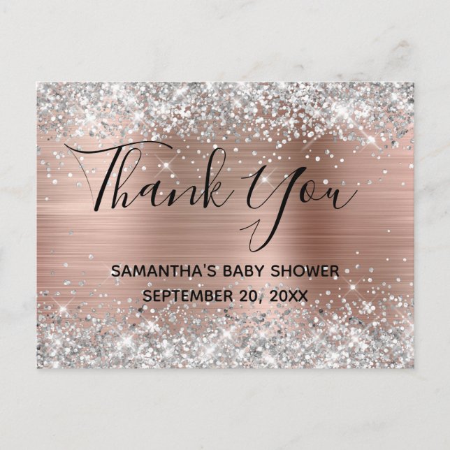 Postal Purpurina Rosa Gold Baby Shower Gracias (Anverso)