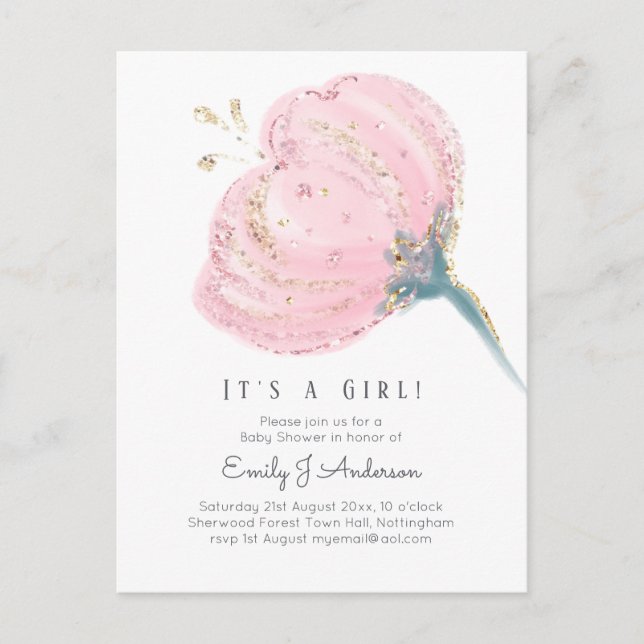 Postal Purpurina Rosa Rosa Moderno Es Un Baby Shower Chic (Anverso)