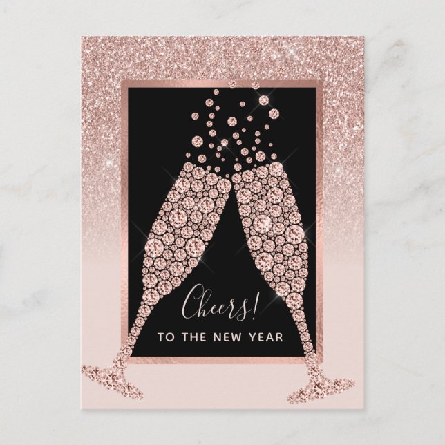Postal Purpurina Rosa Rubor Champagne Tostada Año Nuevo (Anverso)