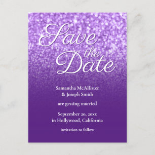 Postal Purpurina Royal Purple Ombre Bokeh Save the Date