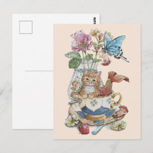 Postal Purrmaid Teacup Floral Acuarela Caprichosa