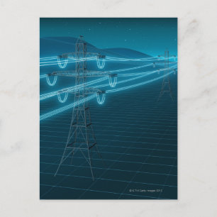 Postal Pylon de electricidad con líneas de energía brilla