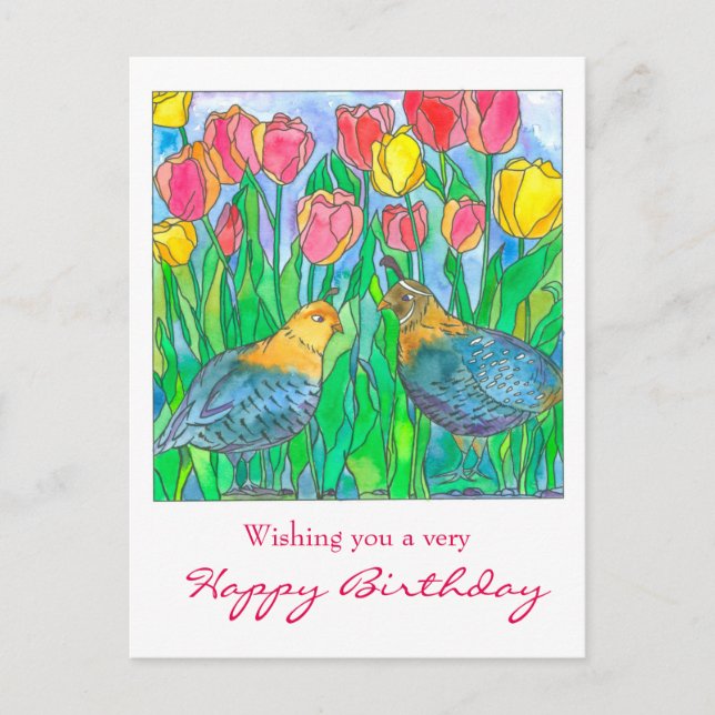 Postal Quail Tulip Garden Happy Birday (Anverso)