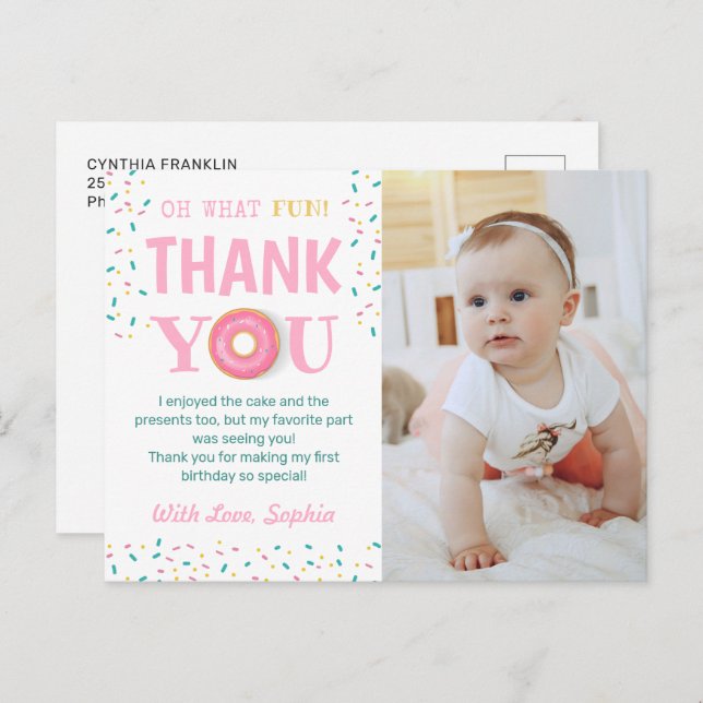 Postal Qué divertida fiesta de cumpleaños de donut Foto a (Anverso / Reverso)