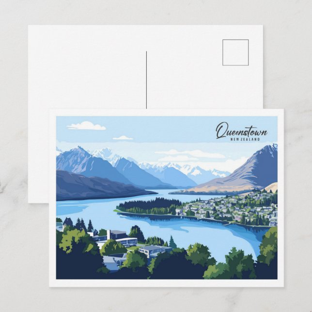 Postal Queenstown New Zealand Ilustracion Travel (Anverso / Reverso)