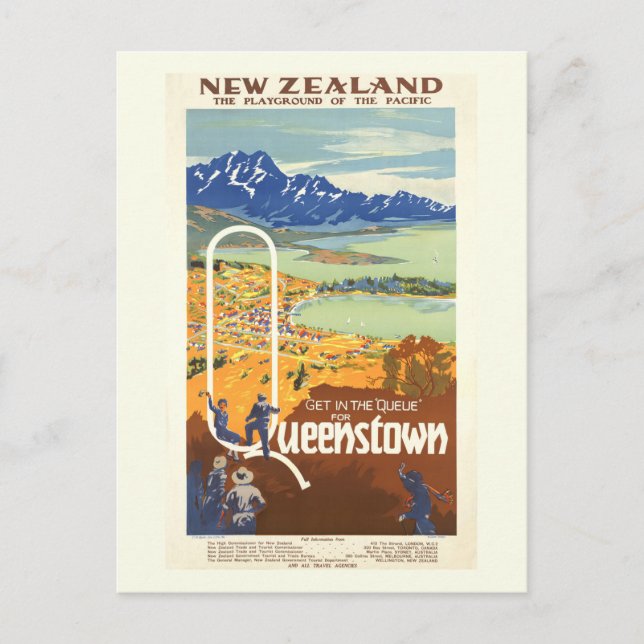 Postal Queenstown, Nueva Zelanda Viajes Vintage (Anverso)