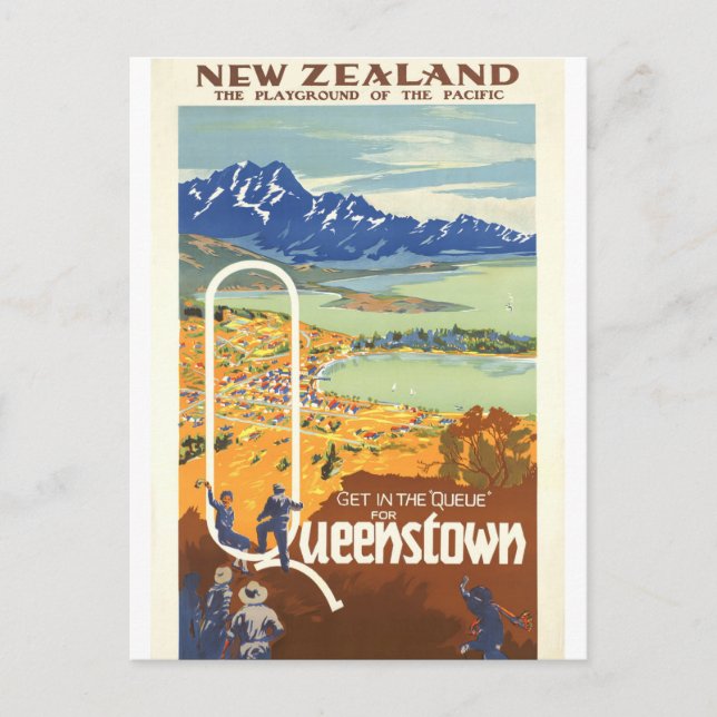 Postal Queenstown, Nueva Zelanda Viajes Vintage (Anverso)