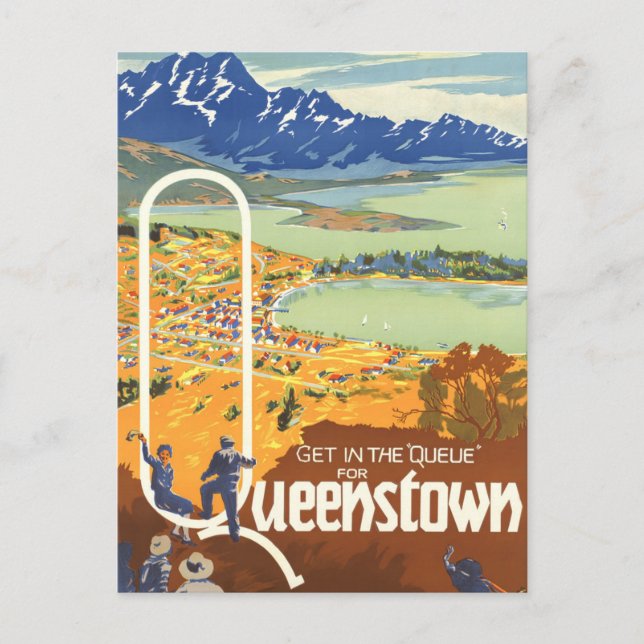 Postal Queenstown, Nueva Zelanda Viajes Vintage (Anverso)