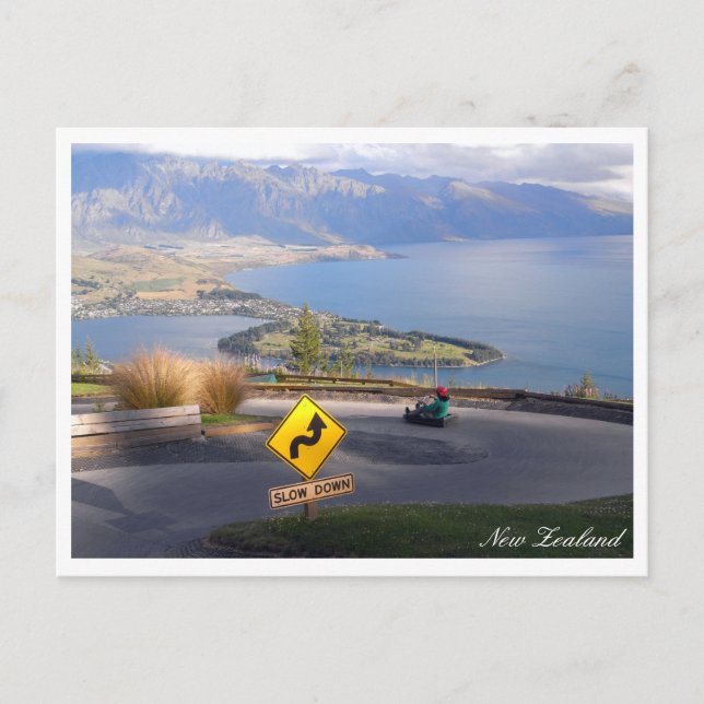 Postal Queenstown Panorama, Luge Riders, Nueva Zelanda (Anverso)