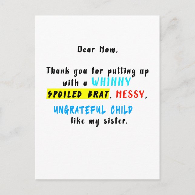 Postal Querida Mamá Gracias Por Aguantar A Una Niña Malcr (Anverso)