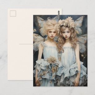 Postal Queridas hadas vestido de satín azul alas bonitas