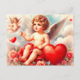 Postal Querubín Angelical Antiguo con Rosas Rosadas