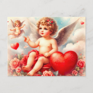 Postal Querubín Angelical Antiguo con Rosas Rosadas