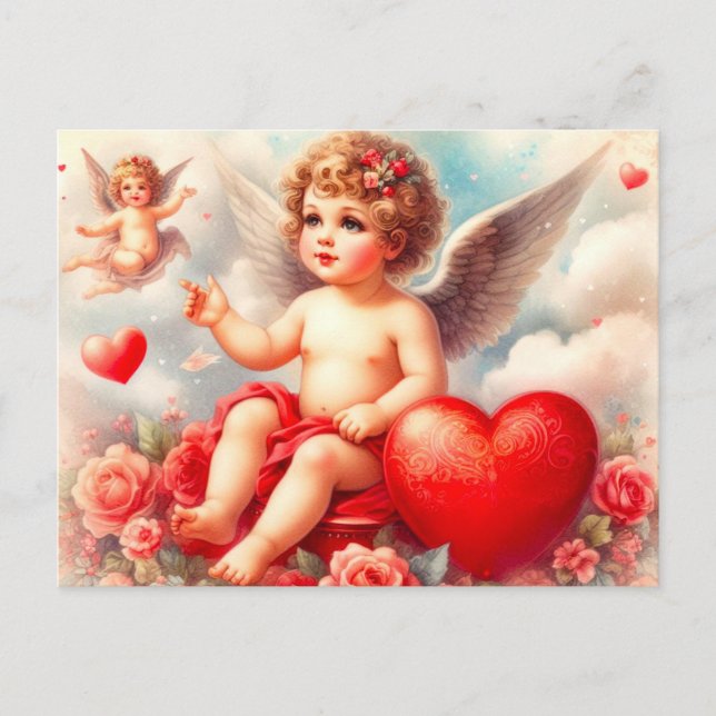 Postal Querubín Angelical Antiguo con Rosas Rosadas (Anverso)