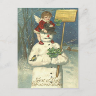 Postal Querubín sonriente Muñeco de nieve Trébol de cuatr