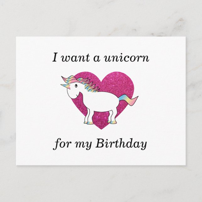 Postal Quiero unicornio para mi cumpleaños (Anverso)