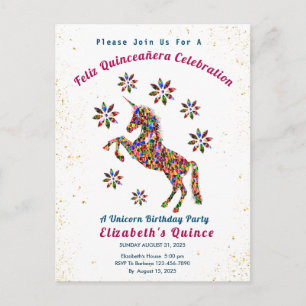 Postal Quince Unicorn Quinceañera Celebración del Cumplea