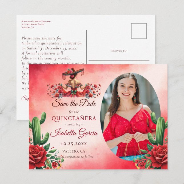 Postal Quinceañera al estilo mexicano salva la fecha (Anverso / Reverso)