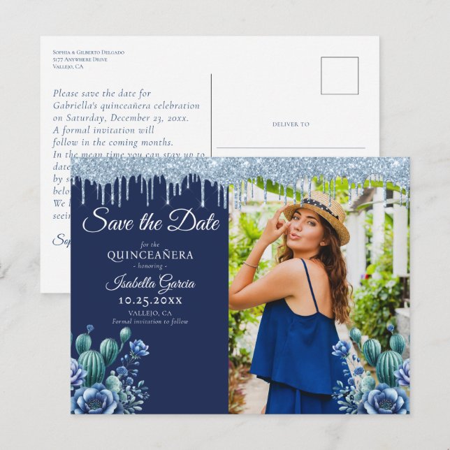 Postal Quinceañera azul estilo mexicano salva la fecha (Anverso / Reverso)