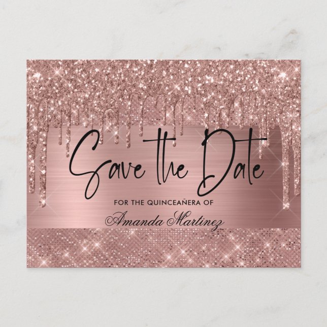 Postal Quinceañera Chic Rosa Dorado Save The Date (Anverso)