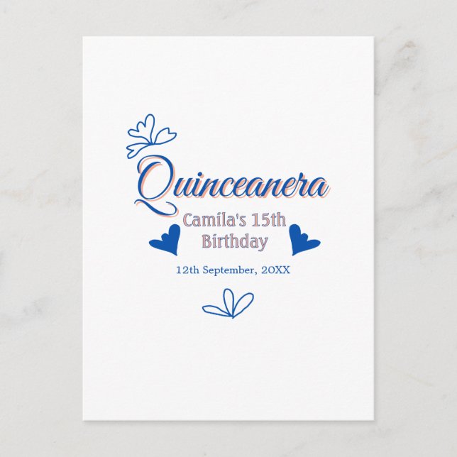 Postal Quinceañera de melocotón azul cumpleaños 15 rustic (Anverso)