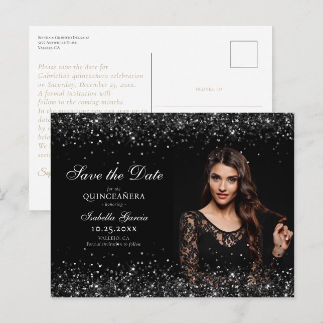 Postal Quinceañera de oro negro de lujo salva la fecha (Anverso / Reverso)