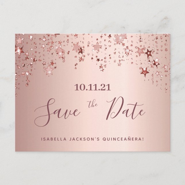 Postal Quinceanera fiesta rosa estrellas de oro salva la  (Anverso)