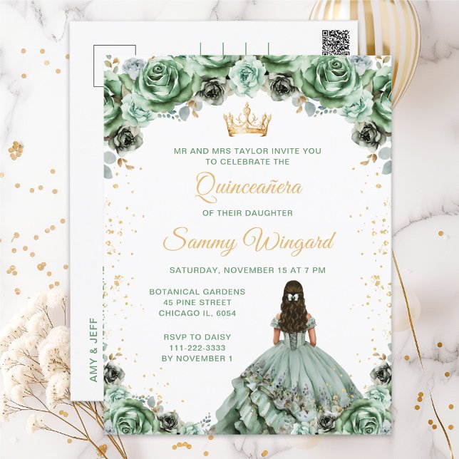 Postal Quinceañera Floral Princesa Verde Menta (Subido por el creador)