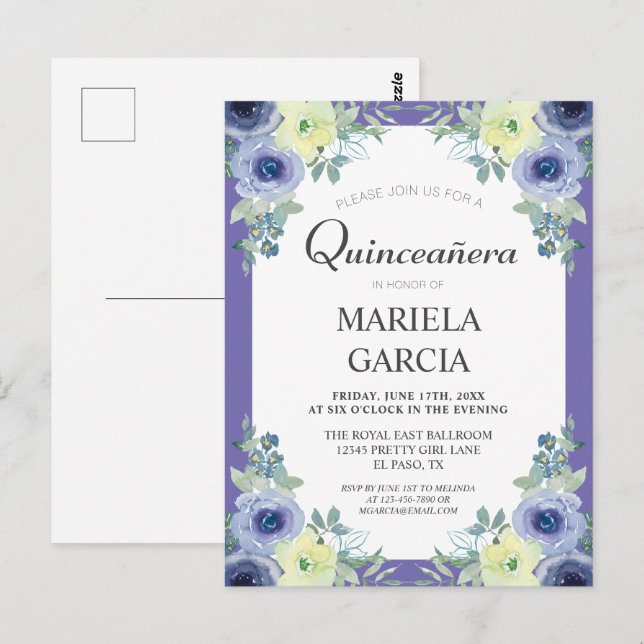Postal Quinceañera floral púrpura Bonito Cumpleaños   (Anverso / Reverso)