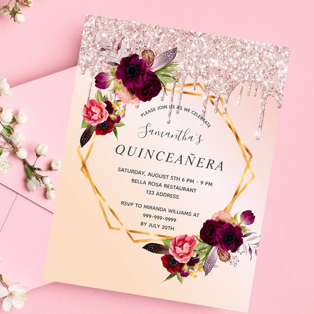 Postal Quinceanera florals rosa purpurina de oro invitaci (Subido por el creador)