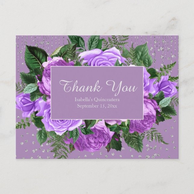 Postal Quinceañera Flores PúrpuraGracias Purpurina Plata (Anverso)