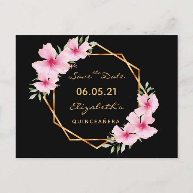 Postal Quinceanera Guardar la fecha moda negra de oro tro (Anverso)